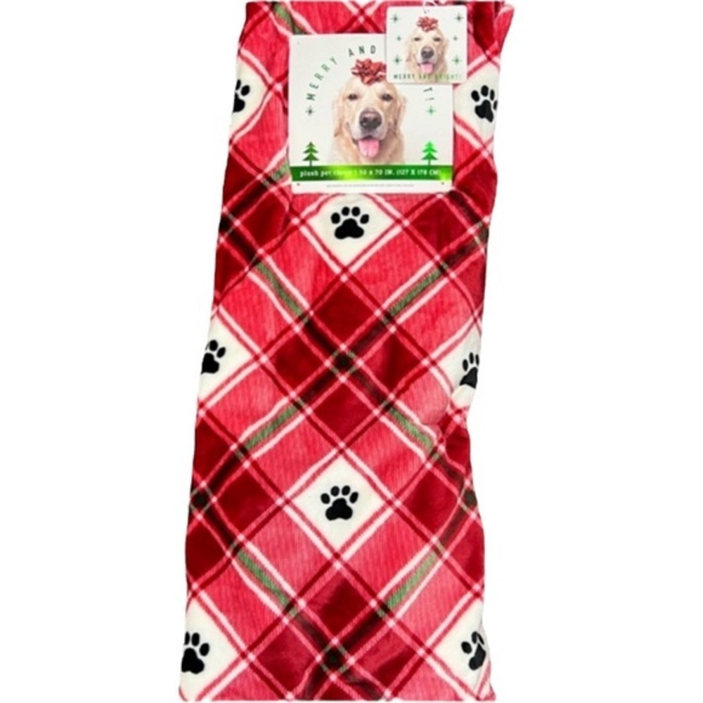 Merry & Bright - ‘Paw Print - Red’ plush throw. 50“ x 70“. NWT.